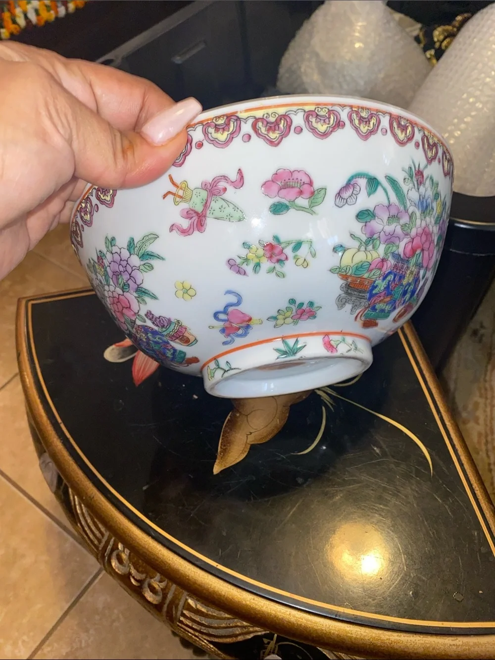 Vintage Decorative Chinese-Style Floral Porcelain Bowl - Pink & Green Motif